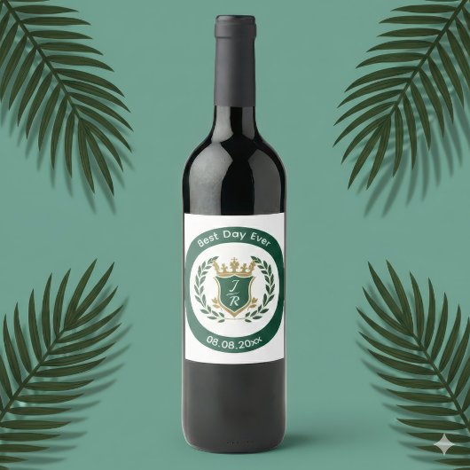 Best Day Ever Wedding Monogram Green Gold Crest ワインラベル