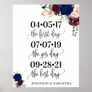 Best day wedding date yes day navy burgundy sign ポスター