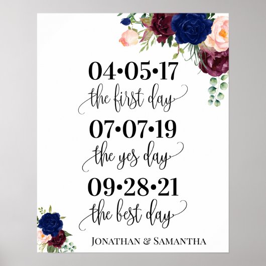 Best day wedding date yes day navy burgundy sign ポスター (正面)
