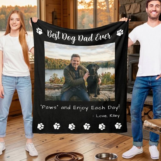 Best Dog Dad Paws Pet Black Photo フリースブランケット