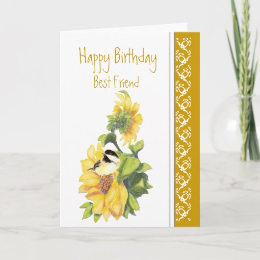 Best Friend Birthday Poem Chickadee & Sunflowers C カード (正面)
