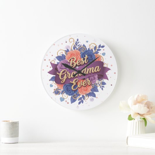 Best Grandma Ever Floral ラージ壁時計 (ホーム)