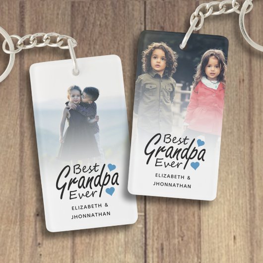 Best Grandpa Ever Script Name Blue Heart and Photo キーホルダー