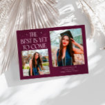 Best Is Yet To Come Cranberry Grad Photo 案内状<br><div class="desc">Modern and whimsical graduation announcement photo card featuring2 photos on the front and 1 on the back. The text says "The Best Is Yet To Come" with twinkling stars. Add the graduate's name,  information,  and message to personalize this card. Cranberry color.</div>