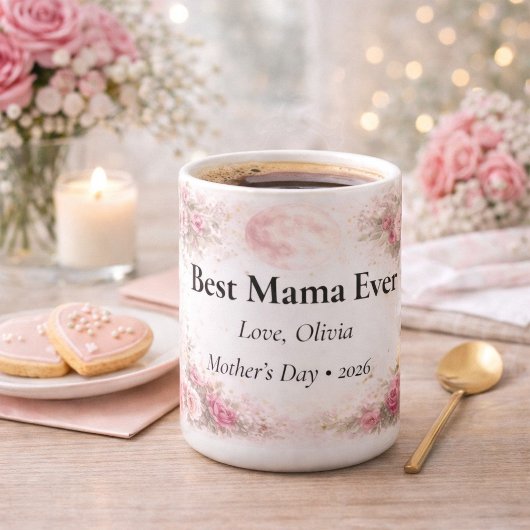 Best Mama Ever Personalized Floral Rose Mug コーヒーマグカップ
