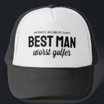 best man worst golfer funny golf bachelor party  キャップ<br><div class="desc">For the golf theme bachelor party, get a good laugh with this personalized hat perfect for the best man. The hat features the saying "Best Man worst golfer" but the black text can be customized with your choice of wording. Find coordinating bachelor party supplies and more colors in the Golf...</div>