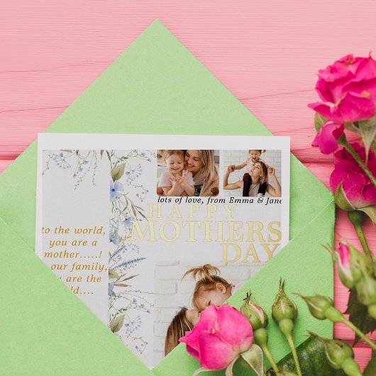 Best Mom Ever Blue Wild Floral Photo Mothers Day  箔招待状