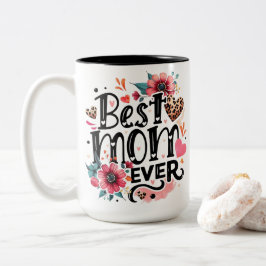 Best Mom Ever Floral - Leopard Print Hearts and Pi ツートーンマグカップ