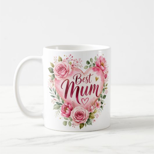 Best Mum Aquarell Blumenherz Design コーヒーマグカップ (左)