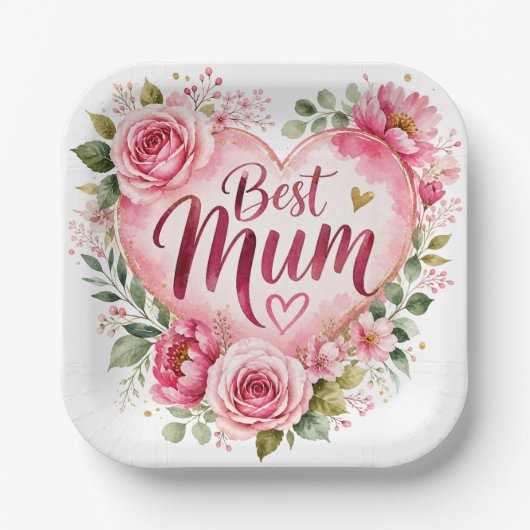 Best Mum Aquarell Blumenherz Design ペーパープレート (正面)