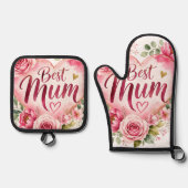 Best Mum Aquarell Blumenherz Design 鍋つかみ&鍋敷きセット (正面)