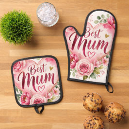 Best Mum Aquarell Blumenherz Design 鍋つかみ&鍋敷きセット