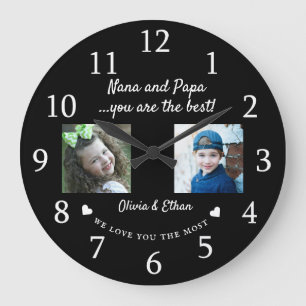 Best Nana And Papa Grandkids Photo Collage Black ラージ壁時計