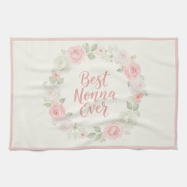 Best Nonna Ever Pink & Green Floral Wreath キッチンタオル