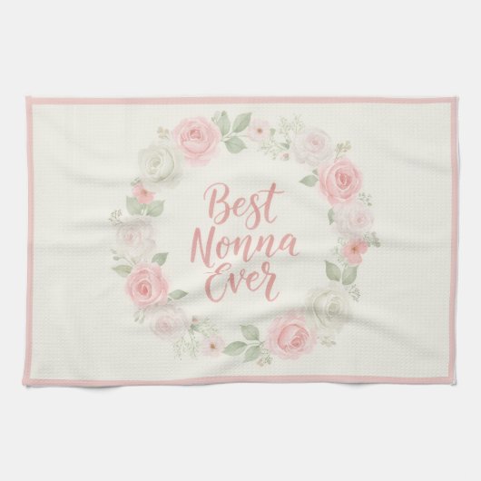 Best Nonna Ever Pink & Green Floral Wreath キッチンタオル (横)