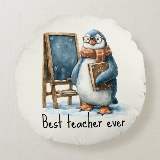 Best Teacher Ever Winter Penguin Design ラウンドクッション (正面)