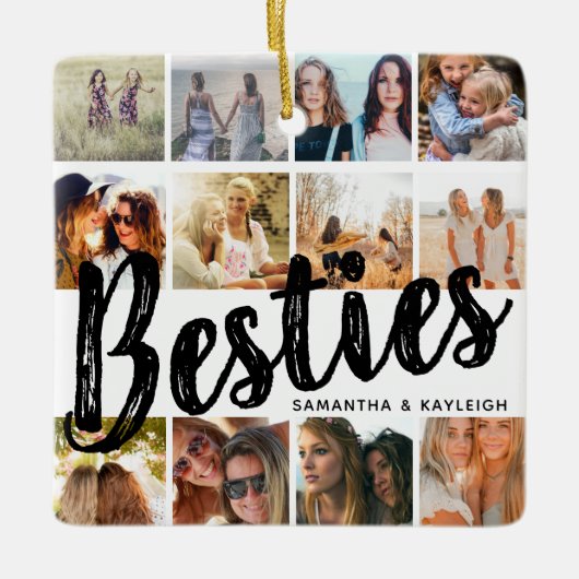 BESTIES、写真のコラージュと名前 | BFFクリスマス セラミックオーナメント (正面)