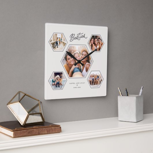 Besties 5 Photo Custom Collage Script Keepsake スクエア壁時計 (オフィス)