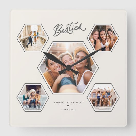 Besties 5 Photo Custom Collage Script Keepsake スクエア壁時計 (正面)