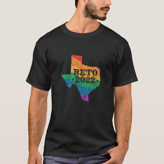 Beto 2022 LGBTレインボーテキサス州マップOrourke選挙 Tシャツ (正面)