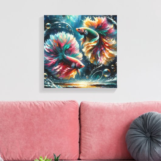 Betta Fish Dance in Deep Blue Ocean Bubbles キャンバスプリント (インサイチュ (リビング))
