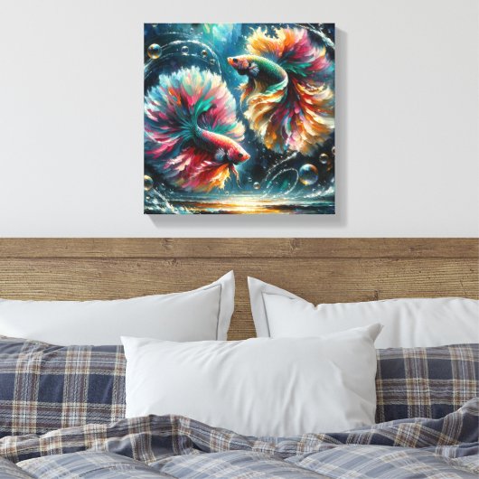 Betta Fish Dance in Deep Blue Ocean Bubbles キャンバスプリント (インサイチュ (寝室))