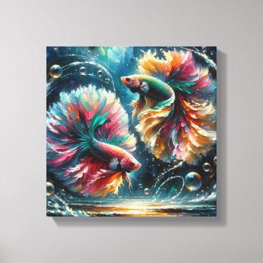 Betta Fish Dance in Deep Blue Ocean Bubbles キャンバスプリント (正面)