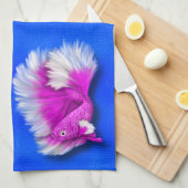 Betta Fish Duo、ブラック&ティール（緑がかった色）、ホワイト&ピンク キッチンタオル (四つ折り)