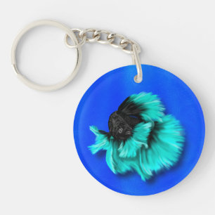 Betta Fish Duo、ブラック&ティール（緑がかった色）、ホワイト&ピンク キーホルダー