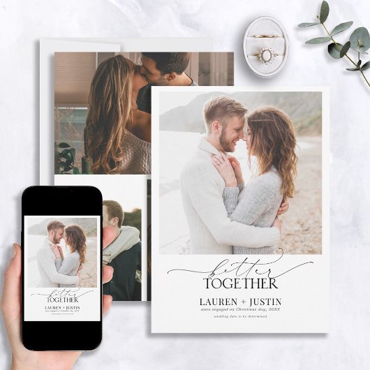 Better Together Black & White 4フォト婚約 招待状