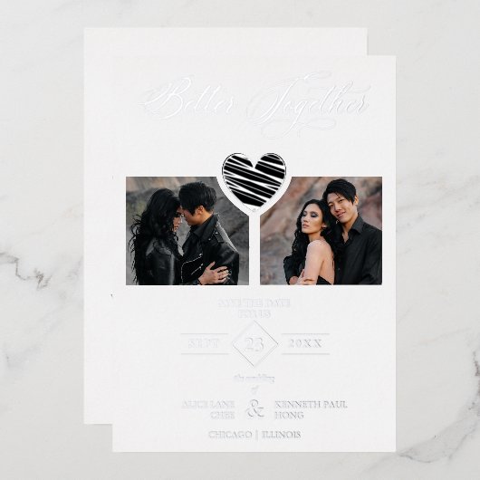 Better Together Quote Black Silver Heart 2 Photos 箔招待状 (正面/裏面)