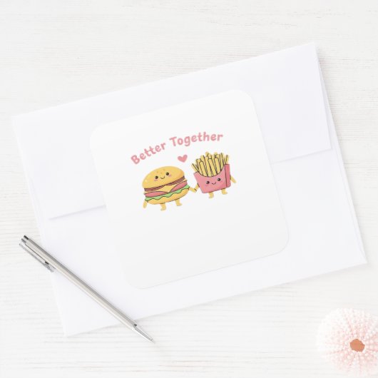 Better Together Valentine Cute Kawaii Burger Fries スクエアシール (封筒)