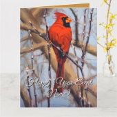 Beutiful Red Cardinal Bird Perched on a Branch カード (黄色い花)