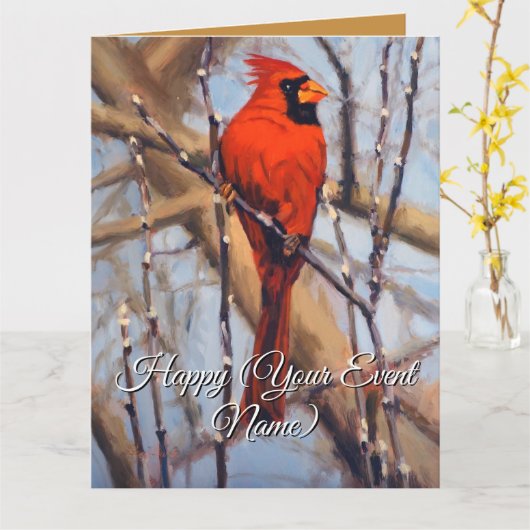 Beutiful Red Cardinal Bird Perched on a Branch カード (黄色い花)