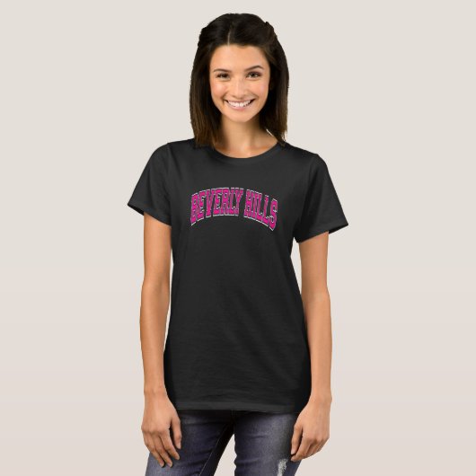 Beverly Hills Varsity Style Magenta Text with Whit Tシャツ (正面フル)