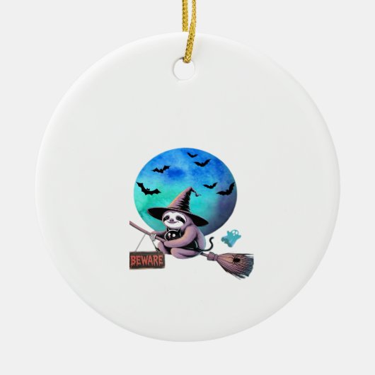 Beware Cute Witch Sloth Flying on Broom Halloween セラミックオーナメント (正面)