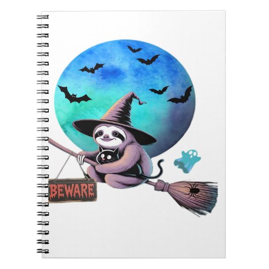 Beware Cute Witch Sloth Flying on Broom Halloween  ノートブック (正面)