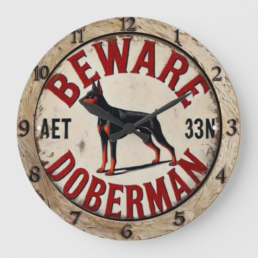 Beware Doberman Pinscher Dog  ラージ壁時計 (正面)