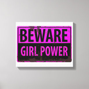 BEWARE GIRL Power – ピンクブラックメタル危険標識 キャンバスプリント