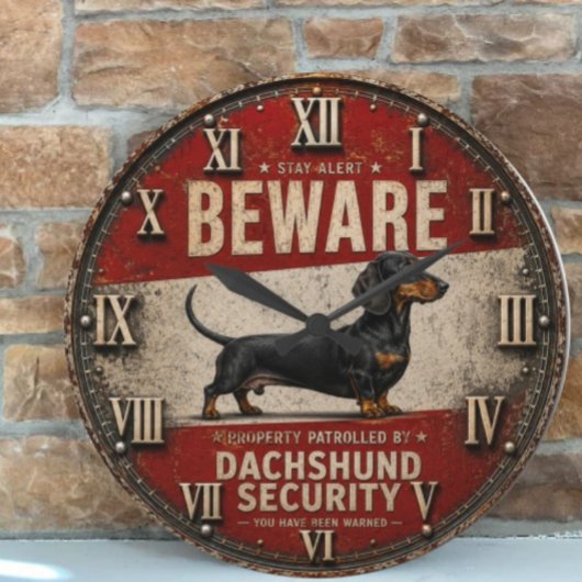 Beware of Dachshund Funny Wiener Dog ラージ壁時計