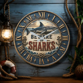 Beware of Sharks Great White Shark Nautical ラージ壁時計