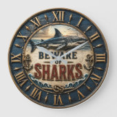 Beware of Sharks Great White Shark Nautical ラージ壁時計 (正面)