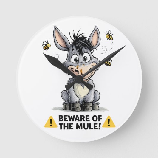 Beware Of The Mule Funny Donkey Warning Design ラウンド壁時計 (正面)