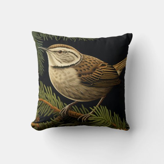 Bewick’s wren on fir branches クッション (正面)