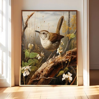 Bewick's Wren Art Print Poster, Vintage Bird Wall  ポスター