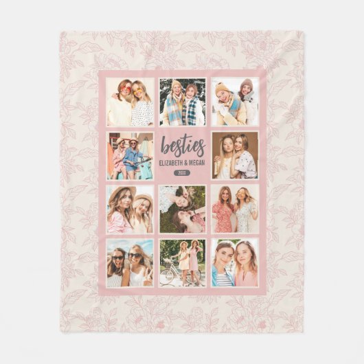 BFFピンクエレガント色の写真コラージュと名前 フリースブランケット (正面)