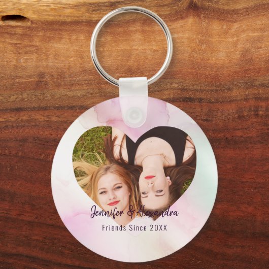 BFFピンク大理石ハートカスタムフレンドの写真と名前 キーホルダー (正面)