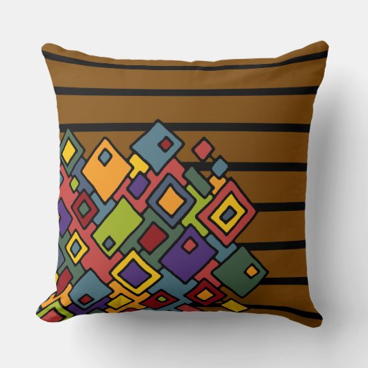 BGストライプパタンは茶色に書かれた+抽象芸術アート クッション (正面)