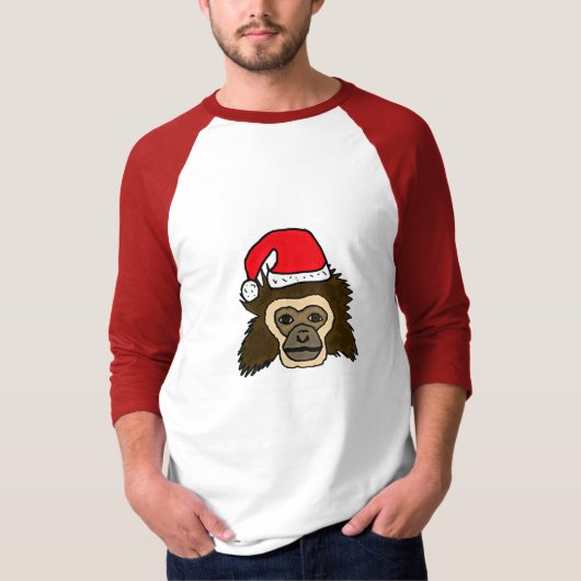 BG-サンタの帽子のワイシャツを持つおもしろいなテナガザル猿 Tシャツ (正面)