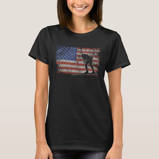 Biathlon Retro USA Flag Ski 4th of July Biathlon Tシャツ (正面)